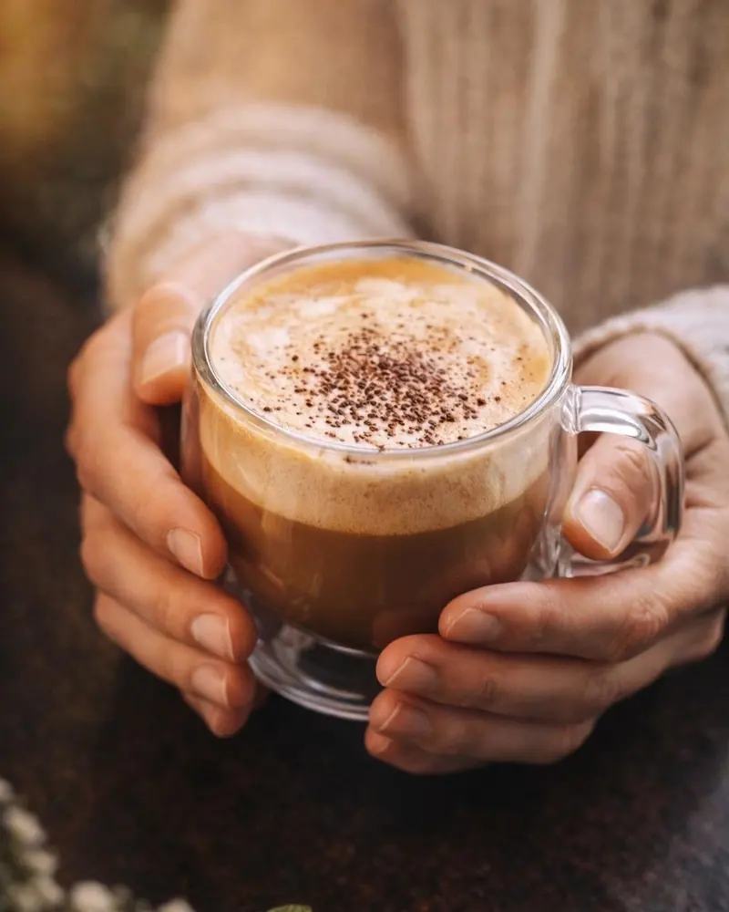Deux mains autour d'une tasse de cappuccino saupoudrée de cacao