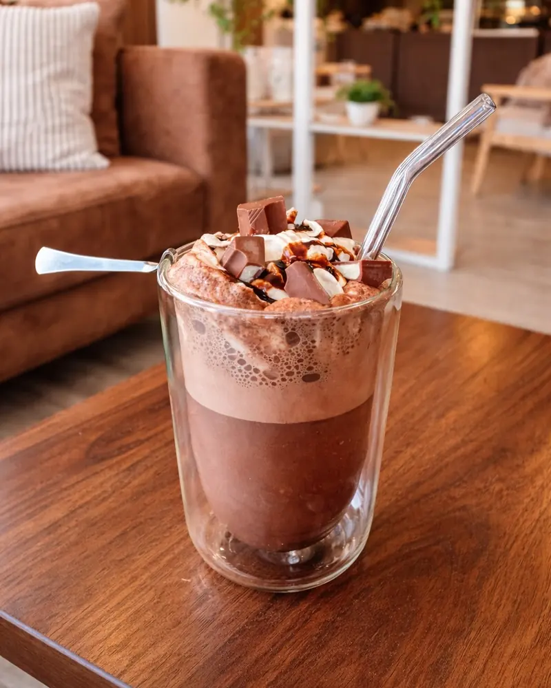 Chocolat signature KitKat dans un verre, crème fouettée et morceaux de chocolat