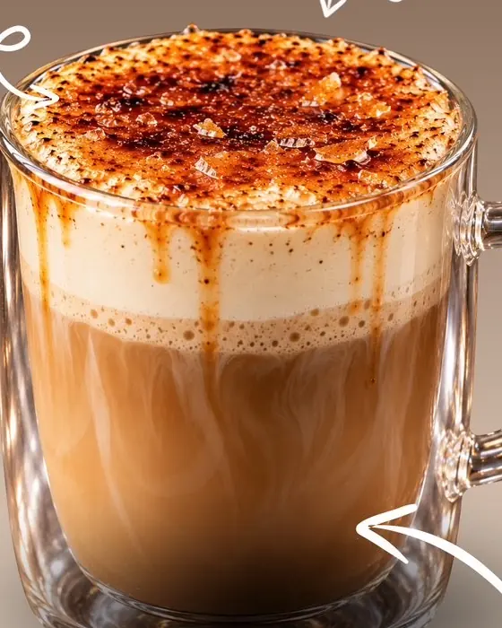 Crème brûlée latte dans une tasse en verre, sucre caramélisé au chalumeau