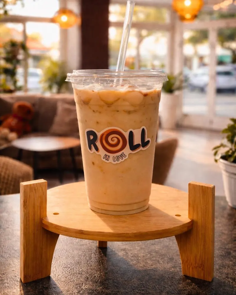 Latte glacé dans un gobelet Roll in Love, posé sur un support en bois