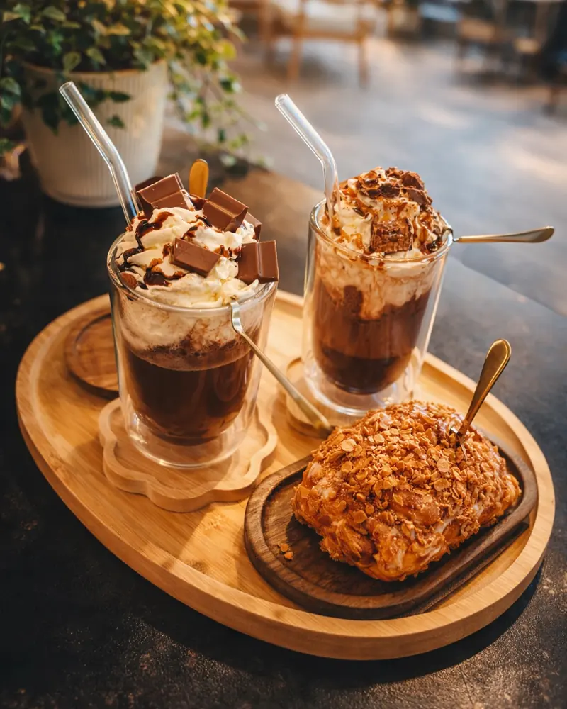Un cinnamon roll et deux chocolats chauds à la crème fouettée sur un plateau en bois