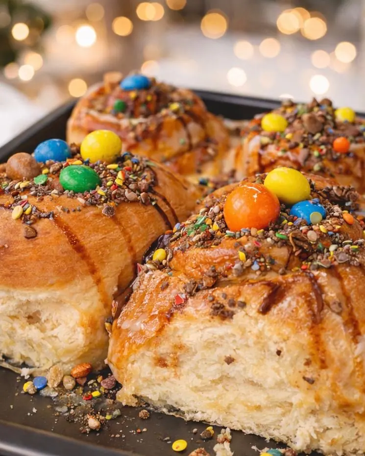Rolls briochés garnis de bonbons chocolatés colorés
